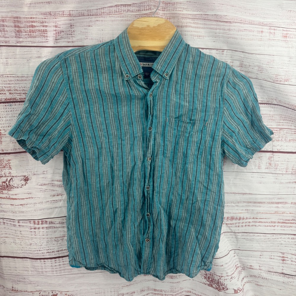 32 Bar Blues Shirt Mens Large Striped Linen Short Sleeve Button Casual Preppy